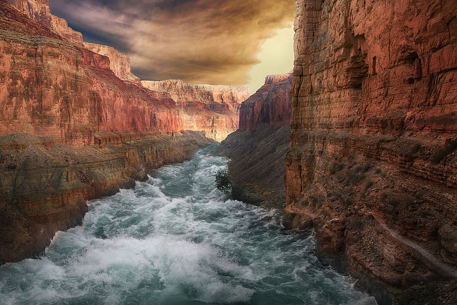 mountains, river, landscape, cannon, nature, scenic, 4k wallpaper HD wallpaper