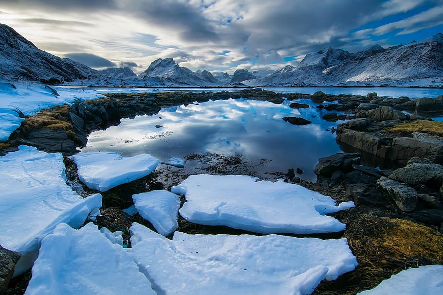 Iceberg on Rock, close-up, clouds, cold, frosty, landscape, melting HD wallpaper