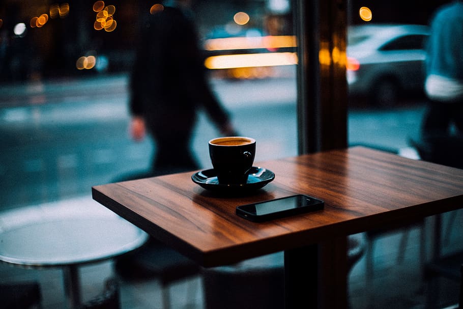 cup of coffee and smartphone on top of wooden dining table, calmness, HD wallpaper