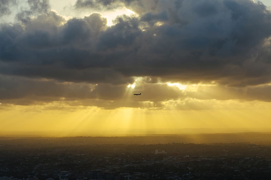 sunbeams, clouds, airplane, flying, travel, transportation HD wallpaper