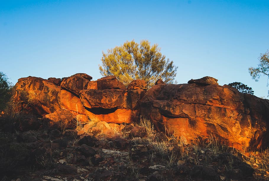 outback, australia, red, sky, tree, summer, heat, rock, rock - object HD wallpaper