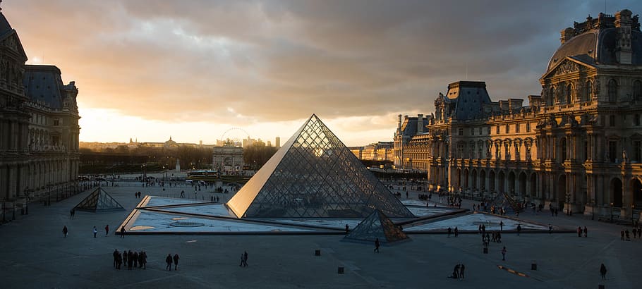 france, paris, louvre museum, pyramid, sunset, architecture, HD wallpaper