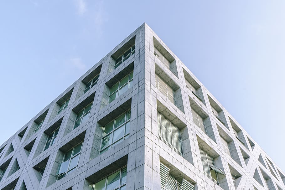 low-angle white concrete building, office building, condo, housing HD wallpaper
