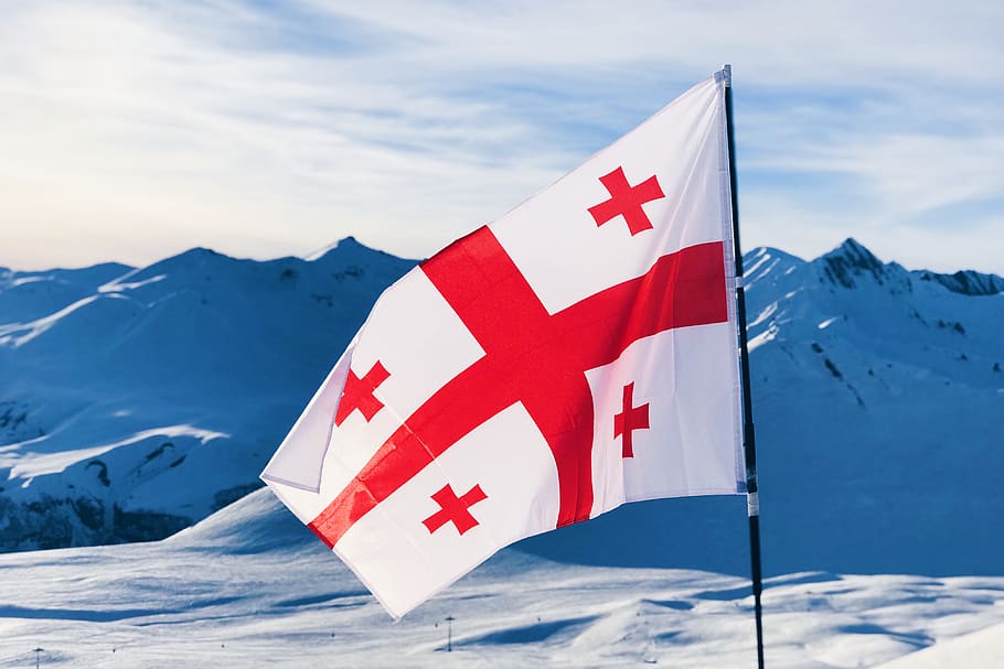 red and white flag, mountain, winter, snow, cold temperature HD wallpaper
