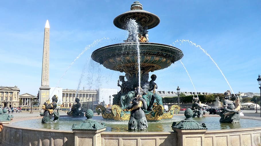 fontaine des mers, river gods, fountain, paris, obelisk, place de la concorde