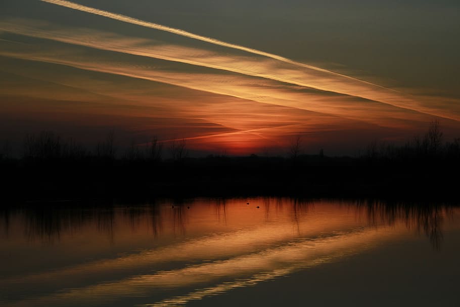 sunset over the calm river, reflection, sky, tranquility, water HD wallpaper