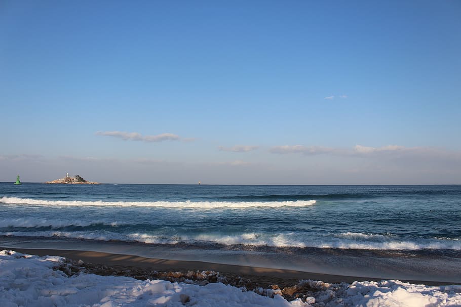 sea, winter sea, sky, blue sea, beach, gangwon do, sokcho, travel, HD wallpaper