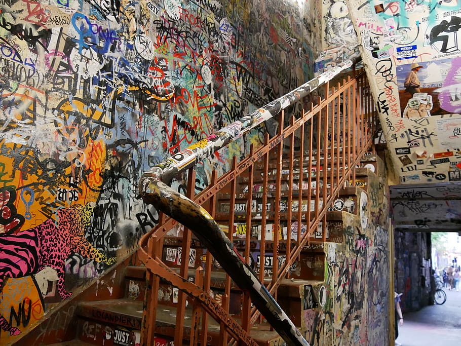 stairs, staircase, stickets, grafiti, berlin, street art, graffiti, HD wallpaper