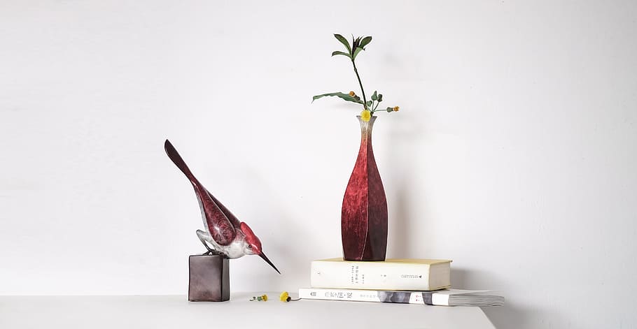 white and maroon bird figurine near red vase, ornament, flower HD wallpaper