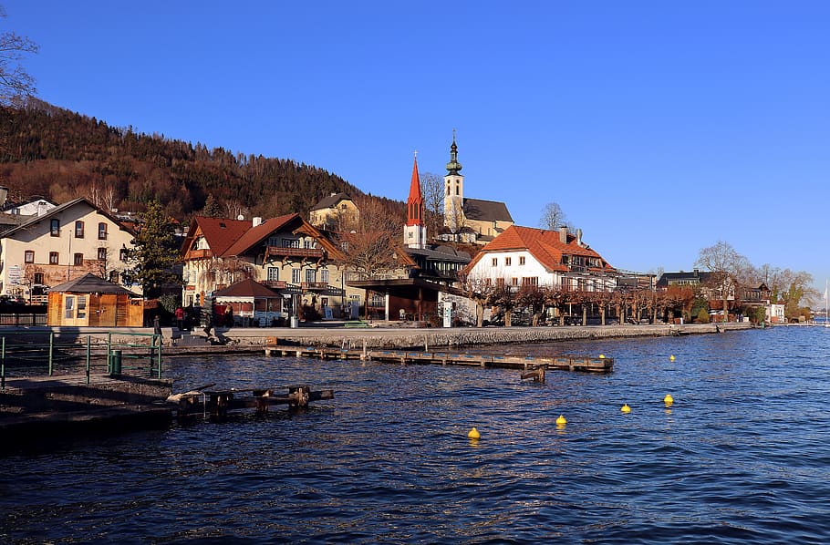 attersee, salzkammergut, lake, austria, alpine, church, maria attersee, HD wallpaper