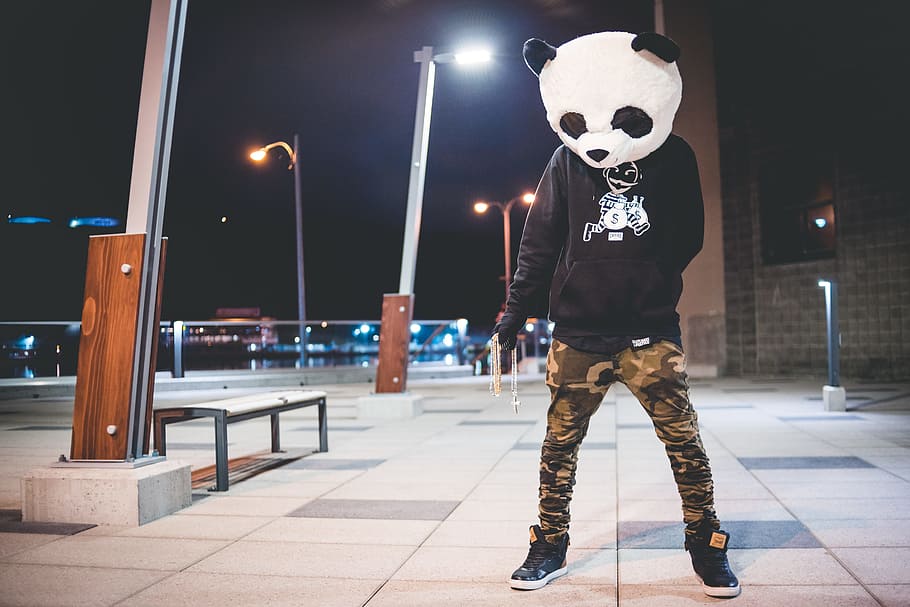 person standing on gray pavement, mask, panda, jewellery, jewelry, HD wallpaper