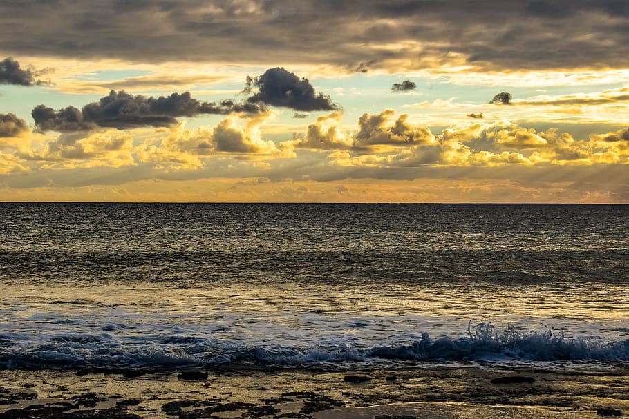 sunset, coast, beach, landscape, nature, sky, clouds, sunlight HD wallpaper