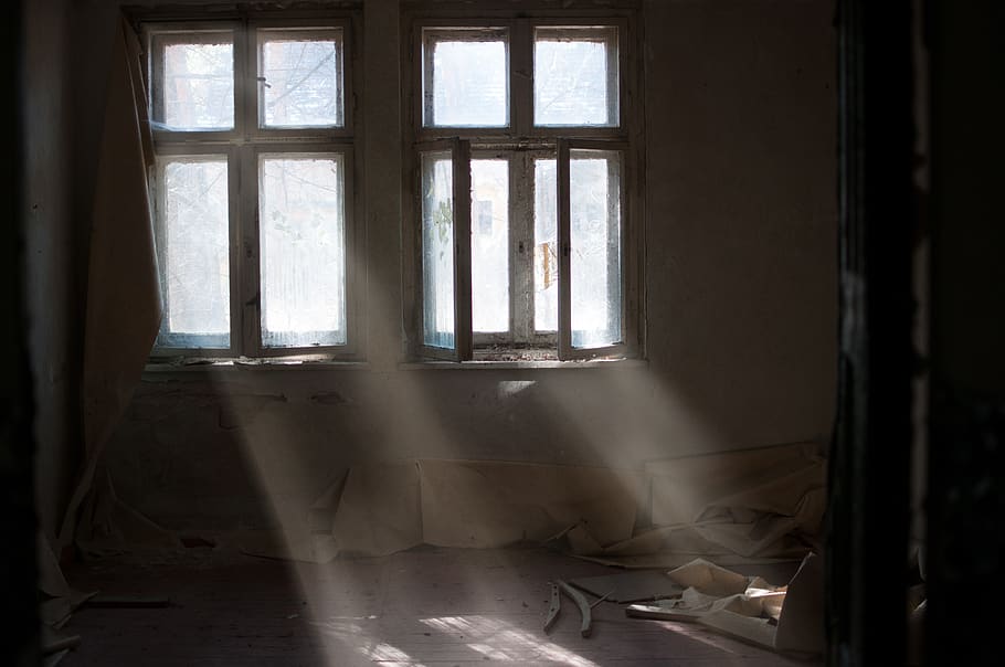 abandoned house, window, sun ray, indoor, shadow, room, light ray