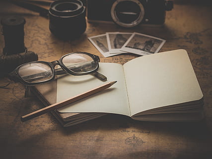 Eyeglasses and Pencil on Book, antique, blank, camera, classic HD wallpaper