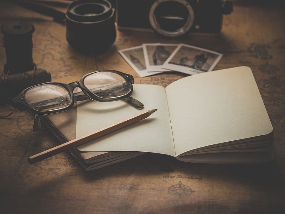 Eyeglasses and Pencil on Book, antique, blank, camera, classic HD wallpaper