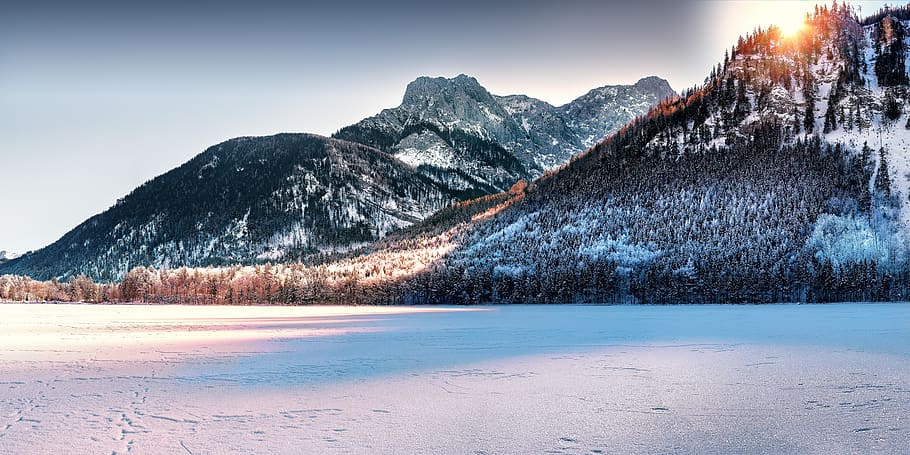 lake, mountains, wintry, leggy, austria, salzkammergut, sun HD wallpaper