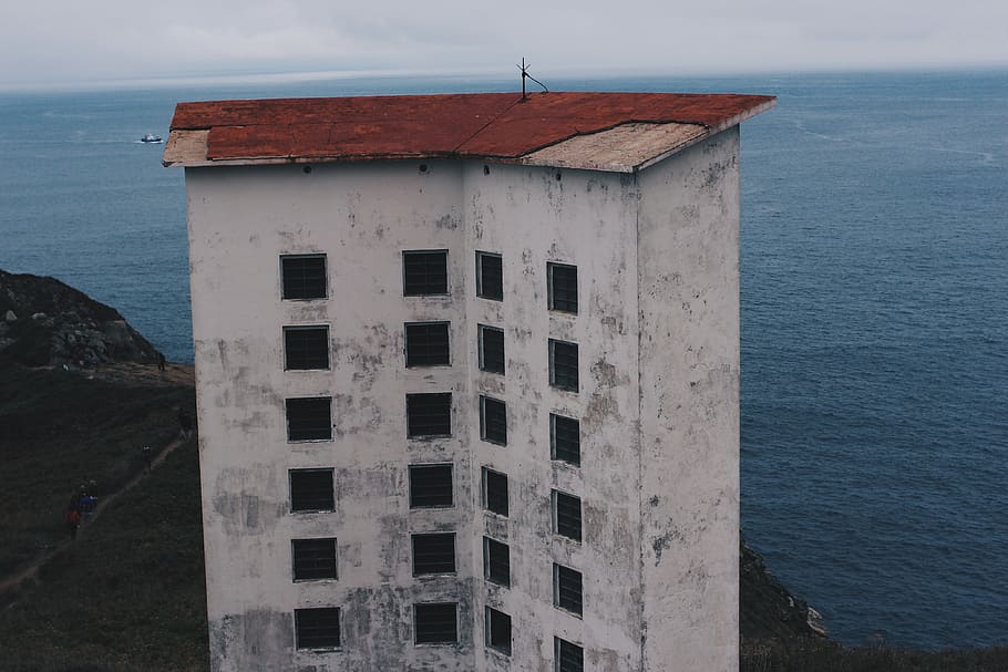 building, abandoned, ancient, sea, sky, vegetation, urban, water HD wallpaper
