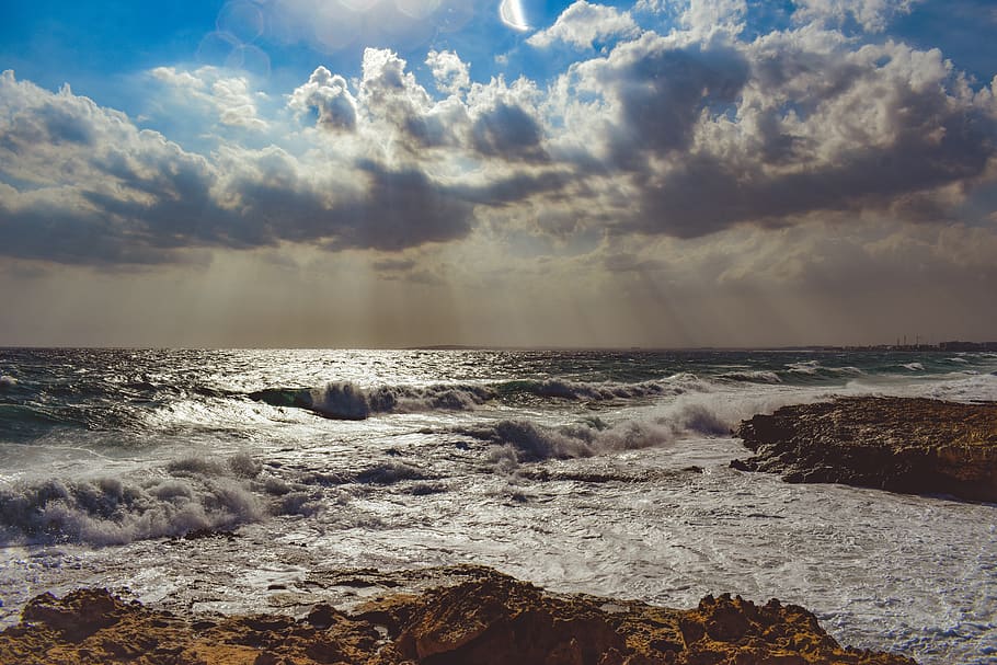 sea, beach, waves, horizon, coast, landscape, afternoon, sky HD wallpaper