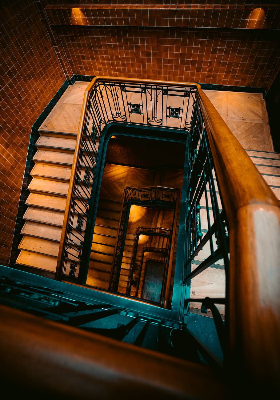 view of empty stairs, handrail, banister, staircase, germany HD wallpaper