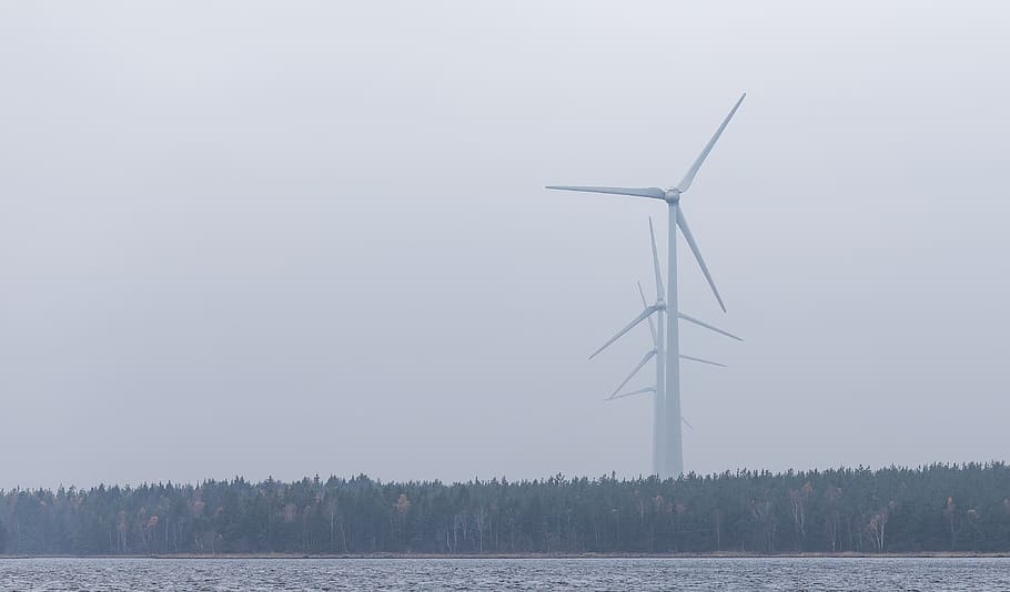 wind, windmill, trees, plant, nature, sea, water, horizon, sky HD wallpaper