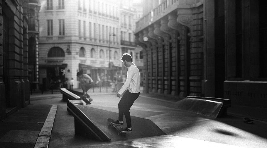 grayscale photography of man skateboarding, paris, guy, black and white, HD wallpaper