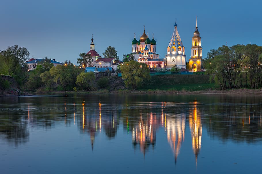 kolomna, evening, reflection, russia, river, monastery, temple HD wallpaper