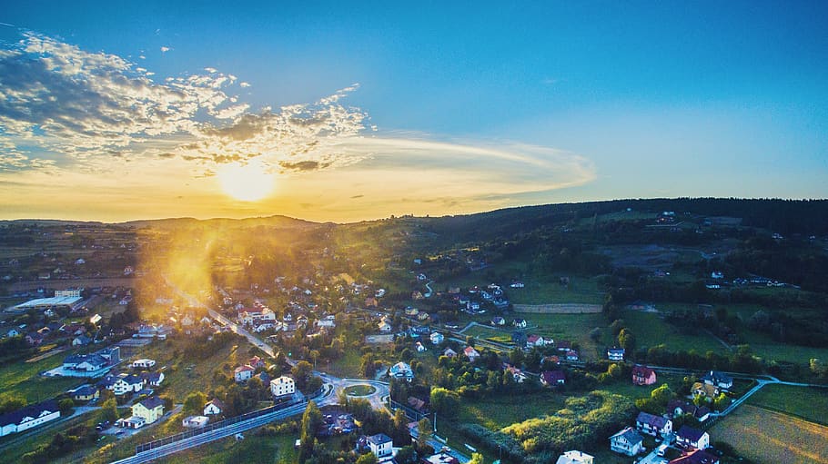 forest, city, mountains, drone, dji, photo, sky, clouds, sunset HD wallpaper