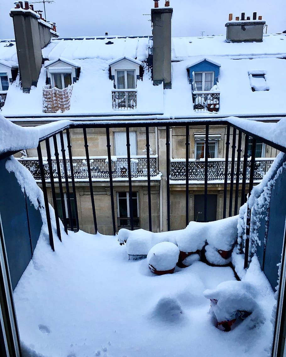 balcony, snow, winter, paris, france, city, white, cloudy, roofs HD wallpaper