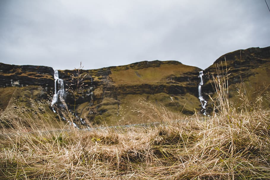 iceland, mountain, grass, waterfall, watwrfalls, mountians HD wallpaper