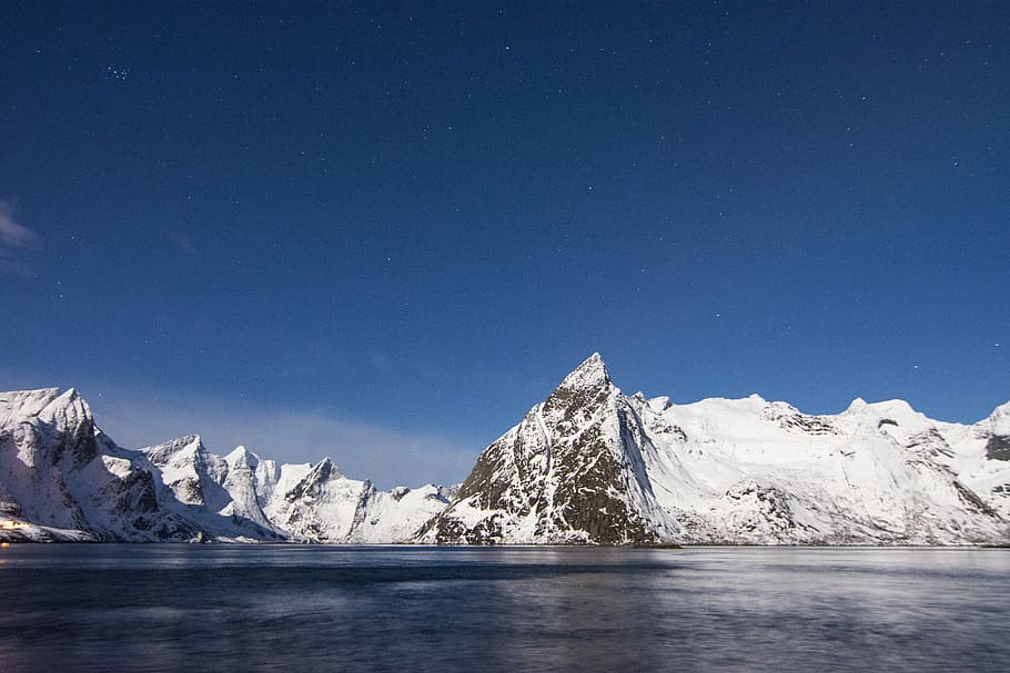 blue, sky, mountains, snow, water, lake, nature, landscape HD wallpaper