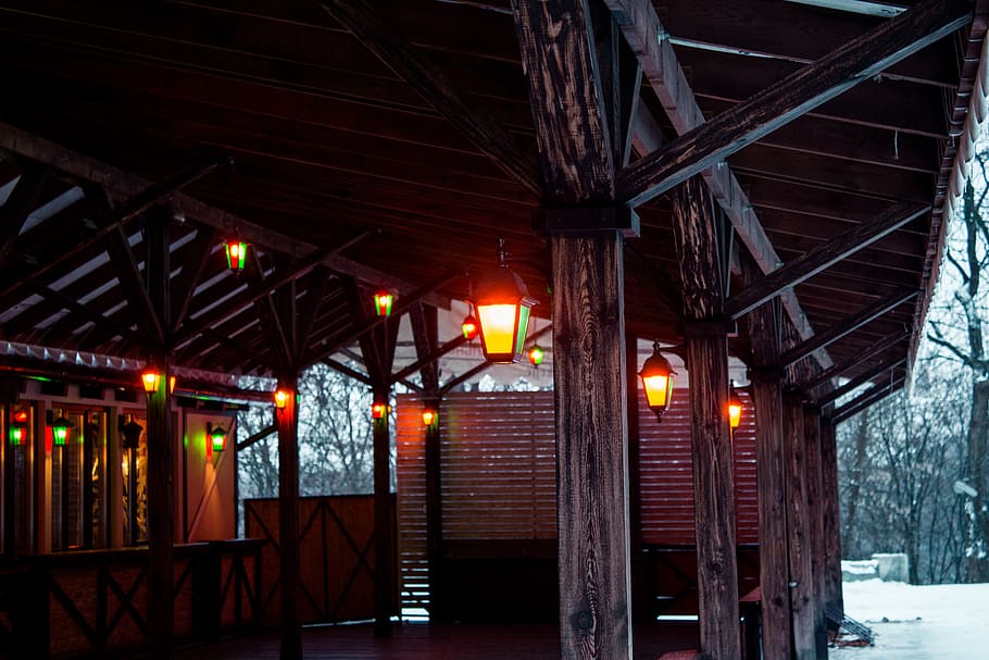 Brown Wooden Shed With Lights, architecture, building, cold, dark HD wallpaper