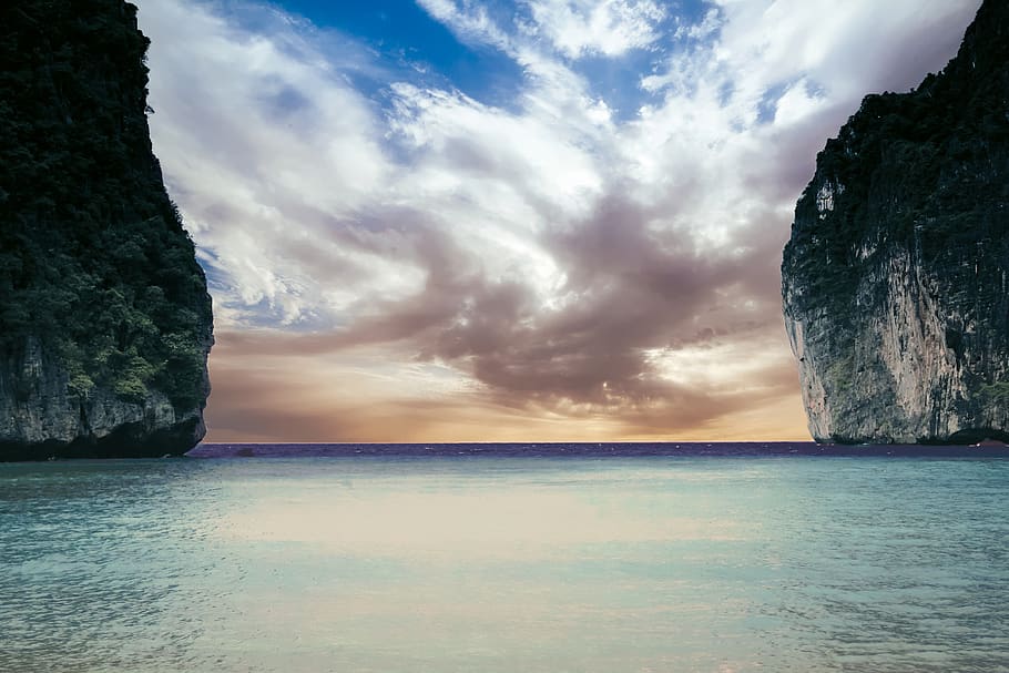 Body of Water and Islands Wallpaper, calm, cliffs, clouds, idyllic HD wallpaper