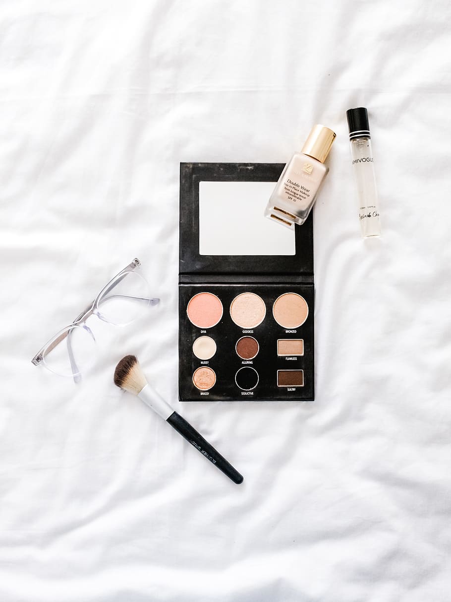 black makeup palette, cosmetics, face makeup, lipstick, pen, paint container HD wallpaper