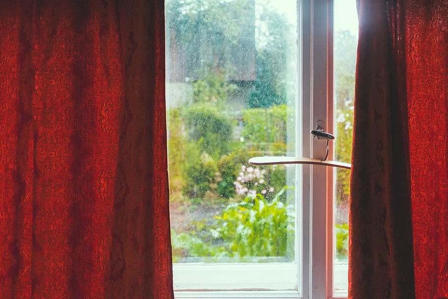 Window with red curtains in old summerhouse, air, background, HD wallpaper