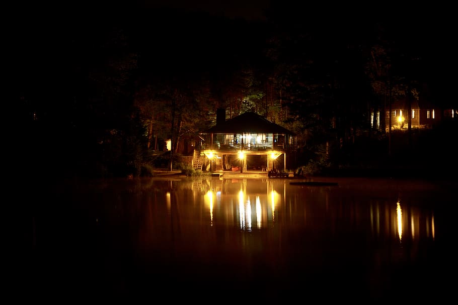 lake, trees, water, night, light, illuminated, reflection, architecture HD wallpaper