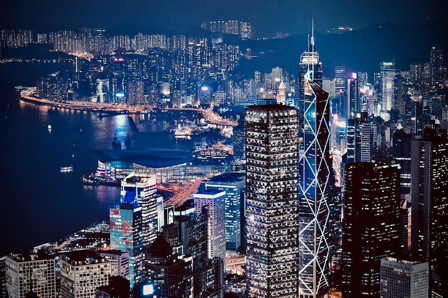 lighted city skyline at night, building, urban, town, high rise HD wallpaper