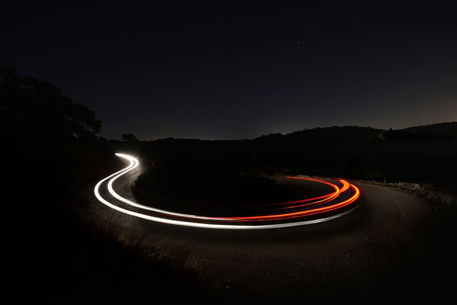 time lapse during night time, lighttrail, road, landscape, red