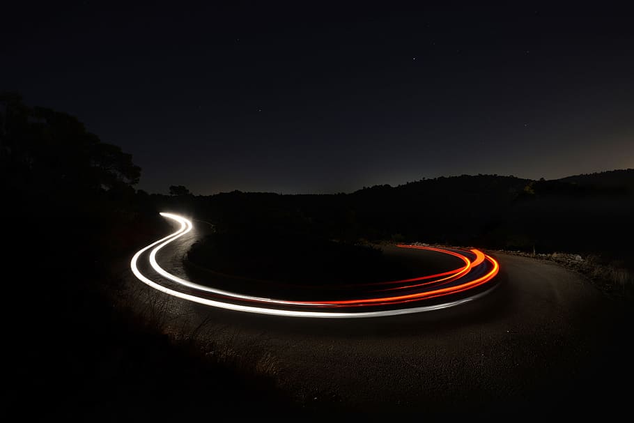 time lapse during night time, lighttrail, road, landscape, red HD wallpaper