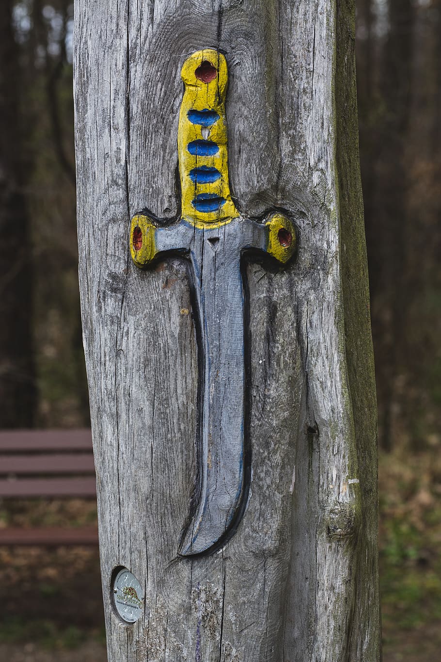 yellow dagger engraved on tree, no people, tree trunk, communication HD wallpaper