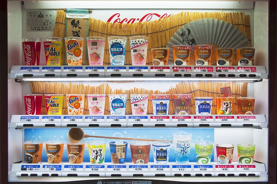 red vending machine, no people, large group of objects, shelf HD wallpaper