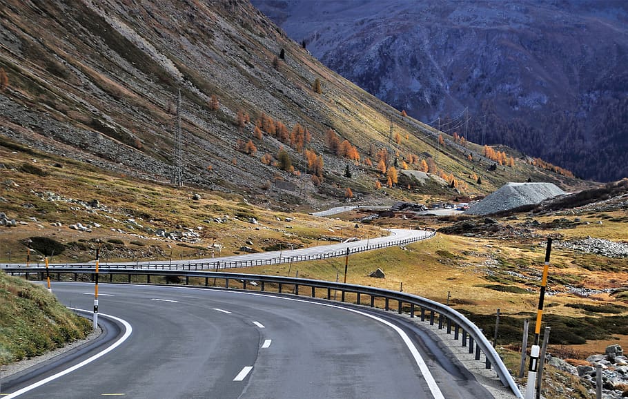 mountains, rocks, landscape, highway, streamer, the alps, alpine HD wallpaper