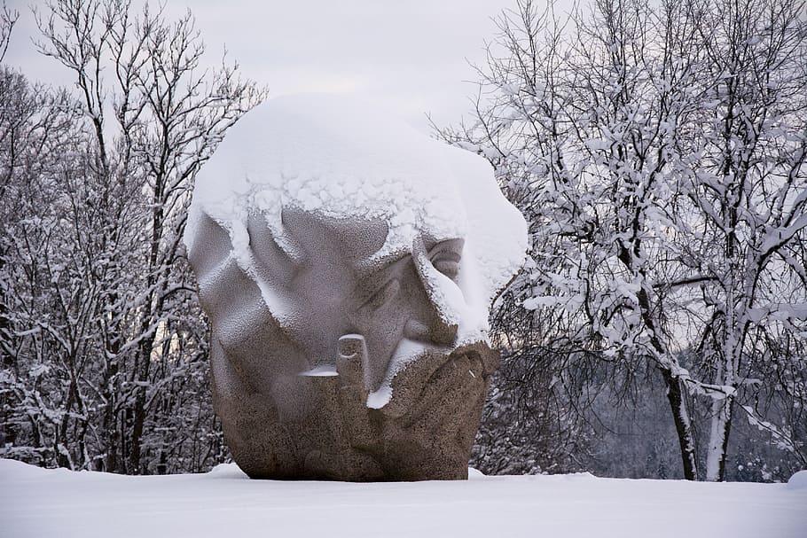 Sculpture covered with snow, bizarre, blue, christmas, day, fanciful HD wallpaper
