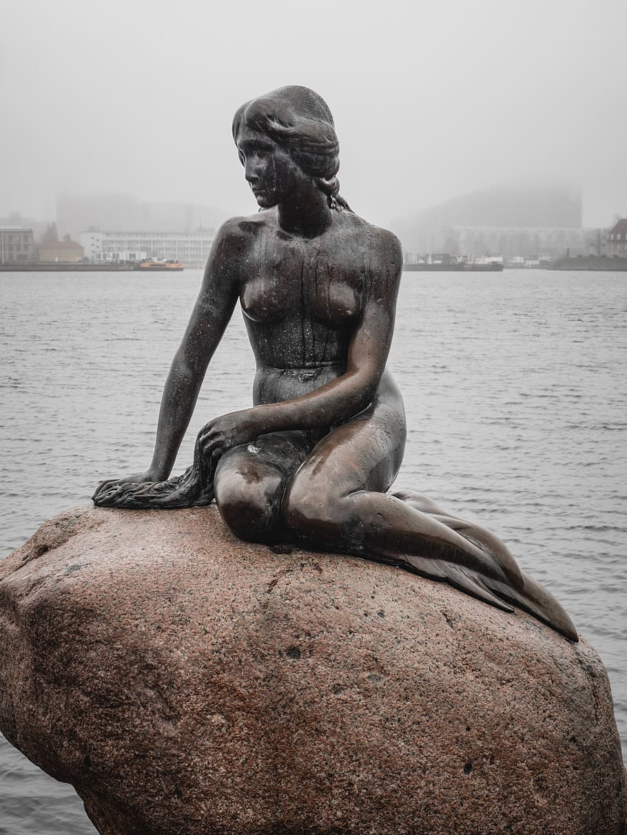 little mermaid statue, copenhagen, denmark, landmark, travel, HD wallpaper
