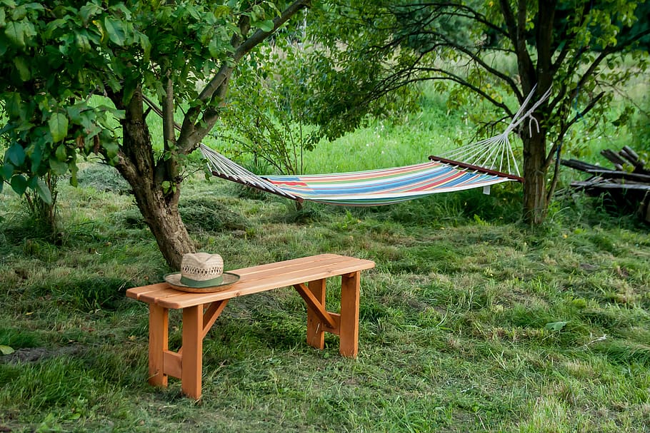 bench, hat, scene, landscape, the idyll, summer, tree, old HD wallpaper
