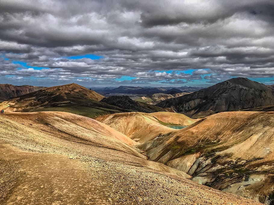 beige landscape mountain under grey clouds, iceland, landmannalaugar HD wallpaper