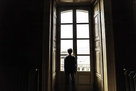 man standing near window panel, person, human, door, corridor HD wallpaper