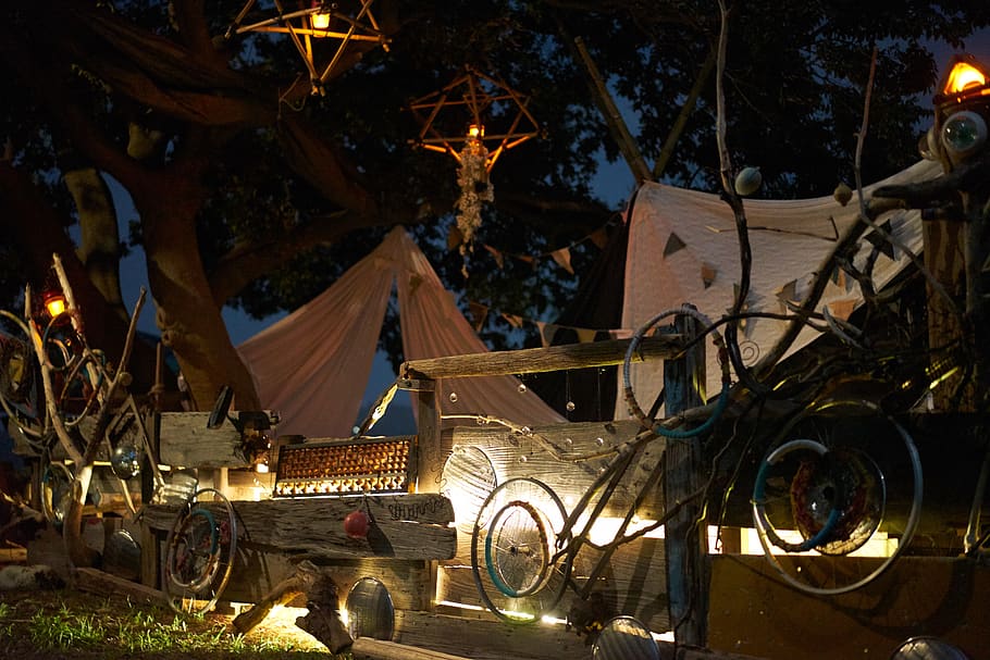 assorted items under tree with lights, machine, transportation HD wallpaper
