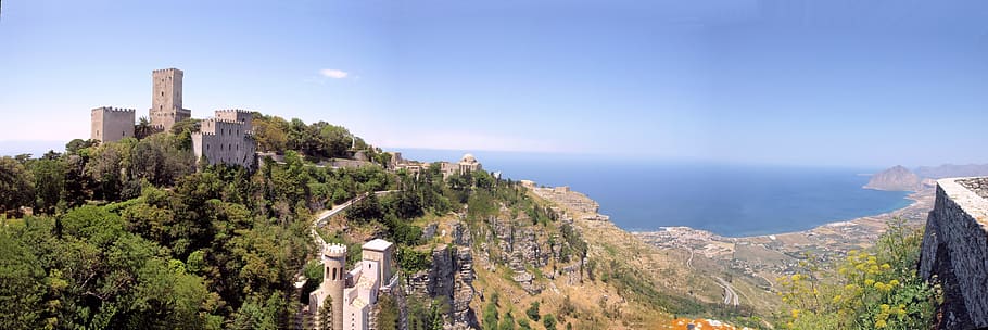 panorama, landscape, mountains, sky, castle, sicily, building exterior HD wallpaper