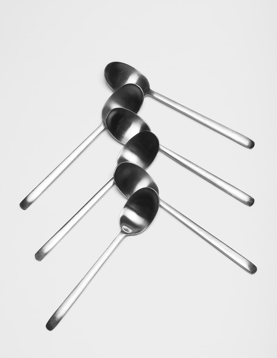 six gray spoons, studio shot, white background, indoors, still life HD wallpaper