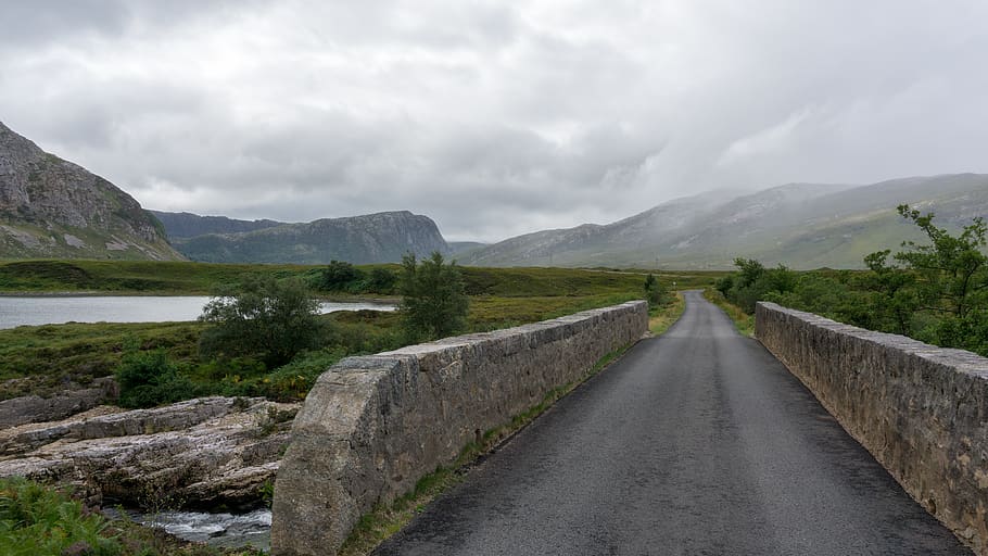 road, bridge, mountains, lake, sky, cloud - sky, the way forward HD wallpaper